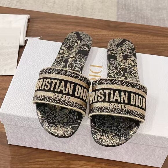 Dior Dway Deep Blue Embroidered Cotton Logo Slides - Picture 1 of 9